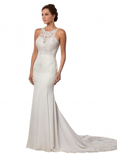 Chapel Train Ivory Sleeveless Sheath V-Back Modern Wedding Dress Vancouver