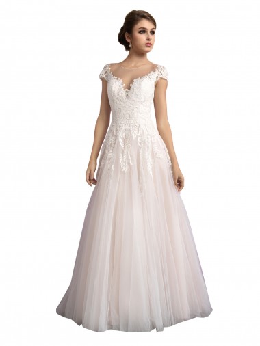 Cathedral Train Ivory & Champagne Cap Sleeves A-Line Beach Wedding Dress Vancouver