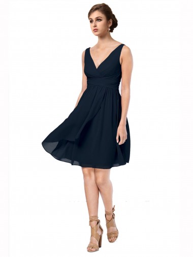 Knee Length Dark Navy Sleeveless A-Line Soft Chiffon Bridesmaid Dress Vancouver