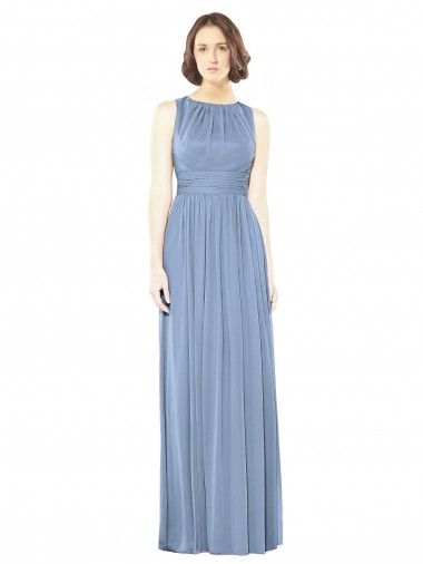 Long Dusty Blue Sleeveless A-Line Keyhole Back Soft Chiffon Bridesmaid Dress Vancouver