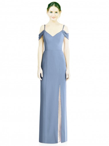 Long Dusty Blue Cold Shoulder A-Line Open Back Formal Evening Gown / Bridesmaid Dress Vancouver