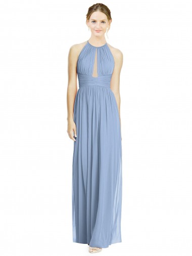 Long Dusty Blue Sleeveless A-Line Chiffon Wedding Party Dress Vancouver