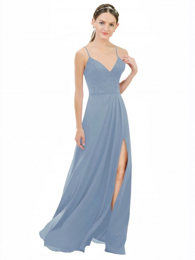 Long Dusty Blue Sleeveless A-Line Keyhole Back Bridesmaid Dress Vancouver