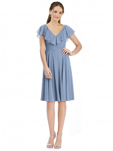 Cocktail Length Dusty Blue Cap Sleeves A-Line V-Back Bridesmaid Dress Vancouver