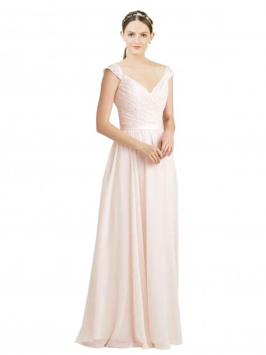 Long Cream Pink Sleeveless A-Line V-Back Soft Chiffon & Lace Bridesmaid Dress Vancouver