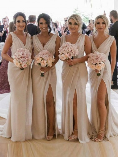 Long Champagne Sleeveless A-Line Low Back Bridesmaid Dress Vancouver