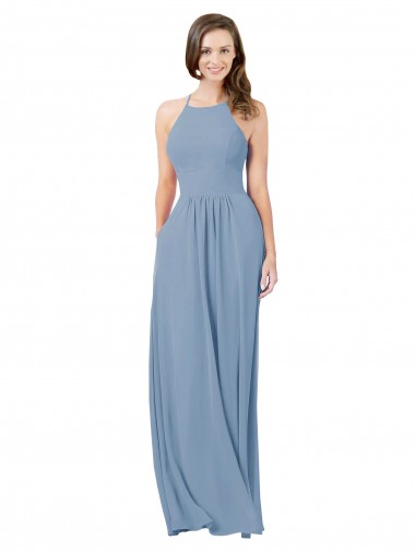 Long Dusty Blue Sleeveless A-Line Keyhole Back Bridesmaid Gowns Vancouver
