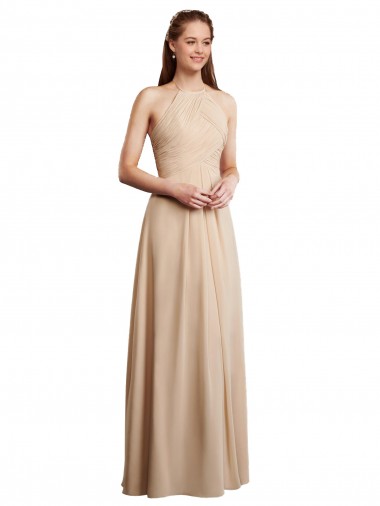 Long Champagne Sleeveless A-Line Low Back Soft Chiffon Bridesmaid Dress Vancouver