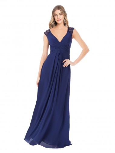 Long Sapphire Cap Sleeves A-Line Keyhole Back Bridesmaid Dress Vancouver