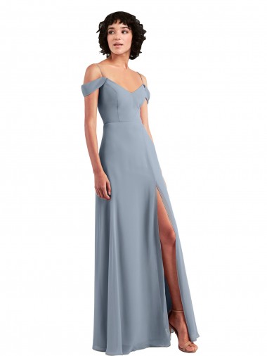 Long Dusty Blue Sleeveless A-Line High Side Slit Formal Dress / Bridesmaid Dress Vancouver