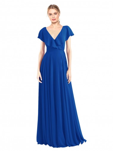 Long Royal Blue Flutter Sleeves A-Line V-Back Bridesmaid Dress Vancouver