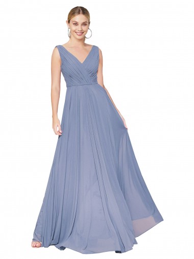 Long Dusty Blue Sleeveless A-Line V-Back Formal Evening Gown / Prom Dress / Bridesmaid Dress Vancouver