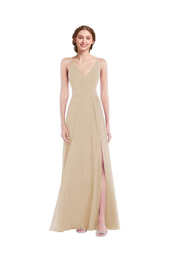 Long Champagne Sleeveless A-Line Open Back Semi Formal Evening Dress / Bridesmaid Dress Vancouver