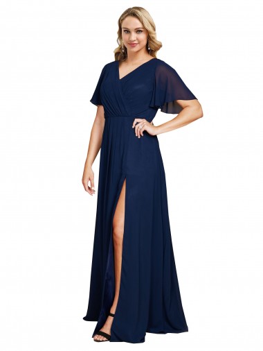 Long Dark Navy Short Flutter Sleeves A-Line Formal Plus Size Evening Gown / Prom Dress / Bridesmaid Dress Vancouver