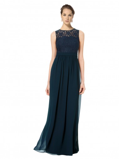Long Dark Navy Sleeveless A-Line Keyhole Back Chiffon & Lace Bridesmaid Dress Vancouver
