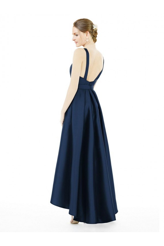 Long Dark Navy Sleeveless A-Line Satin High Low Bridesmaid Dress Vancouver