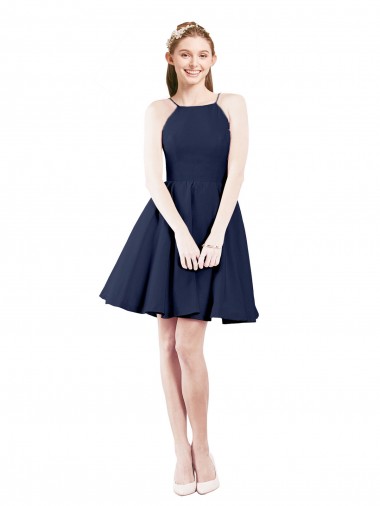 Knee Length Dark Navy Sleeveless A-Line Open Back Bridesmaid Gown Vancouver