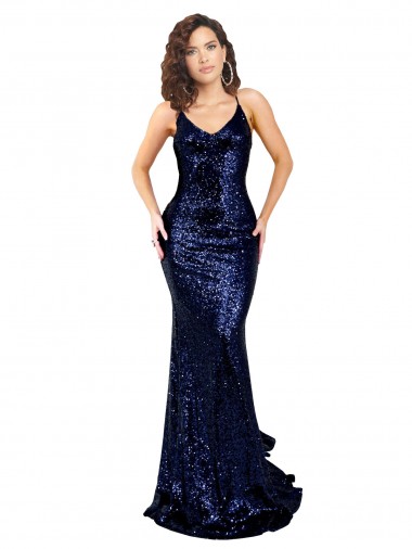 Long Dark Navy Sleeveless Mermaid Open Back Sequin Formal Evening Gown / Prom Dress / Bridesmaid Dress Vancouver