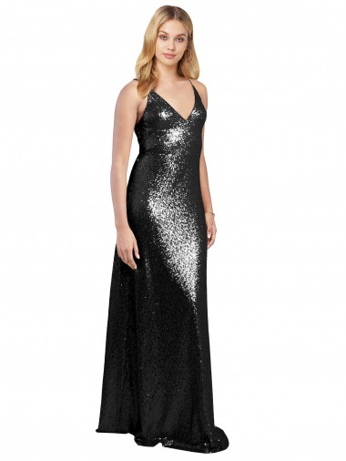Long Black Sleeveless A-Line V-Back Sequin Formal Evening Gown / Prom Dress / Bridesmaid Dress Vancouver