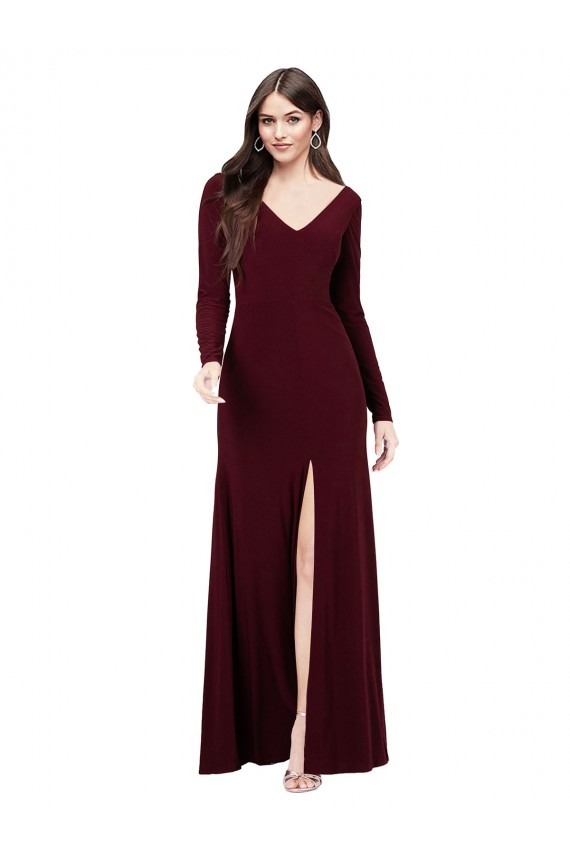 Long Burgundy Gold Long Sleeves Sheath V-Back Prom Dress / Bridesmaid Dress Vancouver