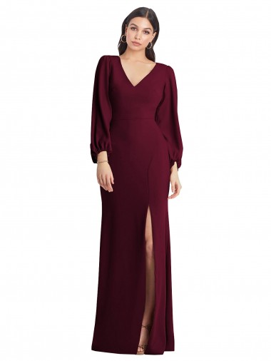 Long Burgundy Gold Puff Sleeves Trumpet Semi Formal Evening Dress / Prom Dress / Bridesmaid Dress Vancouver