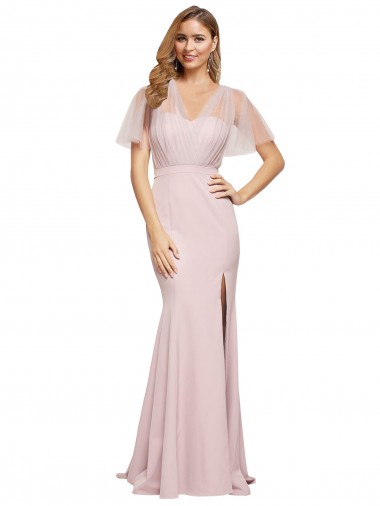 Long Mauve Short Sleeves Sheath V-Back Formal Evening Gown / Prom Dress / Bridesmaid Dress Vancouver