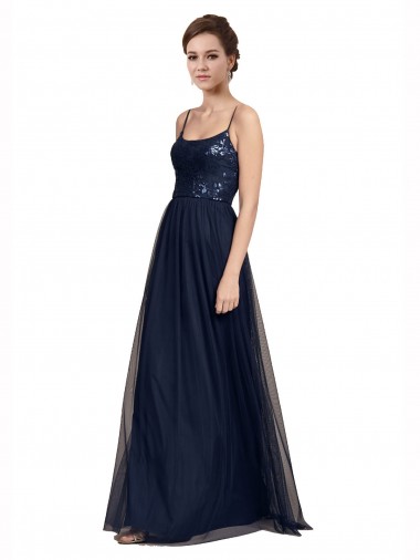Long Dark Navy Sleeveless A-Line Tulle & Lace Bridesmaid Dress Vancouver