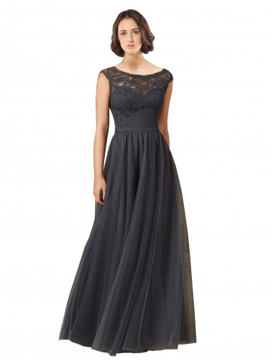 Long Slate Grey Cap Sleeves A-Line Bridesmaid Dress Vancouver