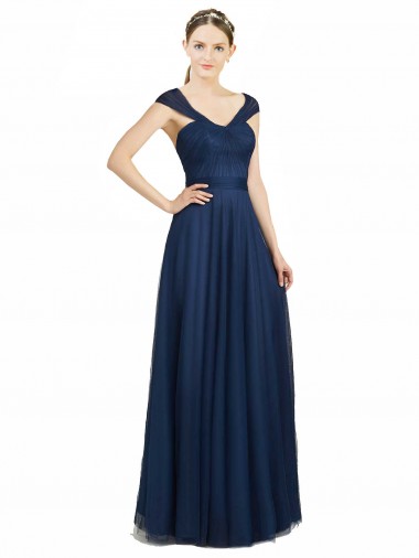 Long Dark Navy Sleeveless A-Line Low Back Tulle Bridesmaid Dress Vancouver