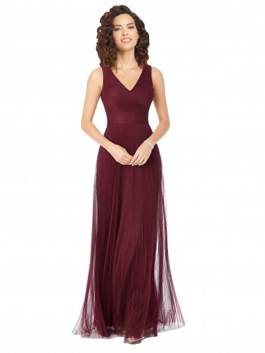 Long Burgundy Gold Sleeveless A-Line Tulle Bridesmaid Dress Vancouver