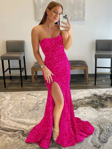 Sweep Train Fuchsia Sleeveless Sheath Velvet Sequin Prom Dress Vancouver