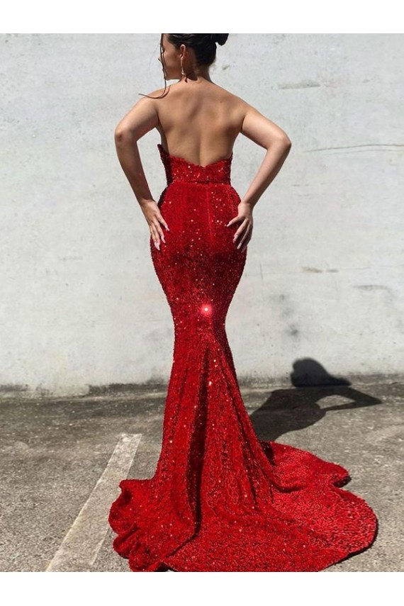 Court Train Burgundy Sleeveless Mermaid Velvet Sequin Prom Dress / Evening Dress Vancouver
