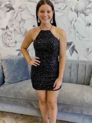 Short Black Sleeveless Sheath Velvet Sequin Prom Dress Vancouver