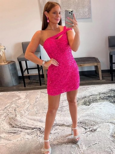 Short Fuchsia Sleeveless Sheath Velvet Sequin Prom Dress / Evening Dress Vancouver