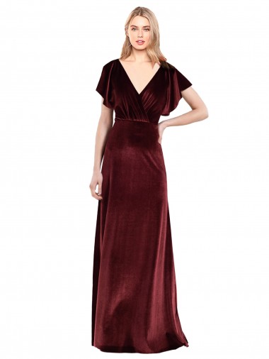 Long Burgundy Flutter Sleeves A-Line V-Back Prom Dress / Bridesmaid Dress Vancouver