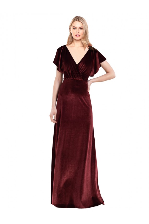 Long Burgundy Flutter Sleeves A-Line V-Back Prom Dress / Bridesmaid Dress Vancouver