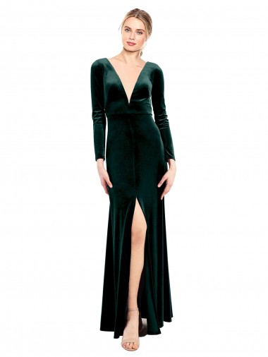 Long Dark Green Long Sleeves A-Line Open Back Black Tie Prom Dress / Bridesmaid Dress Vancouver