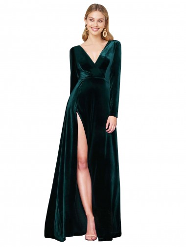 Sweep Train Dark Green Long Sleeves A-Line Black Tie Evening Gown / Prom Dress / Bridesmaid Dress Vancouver