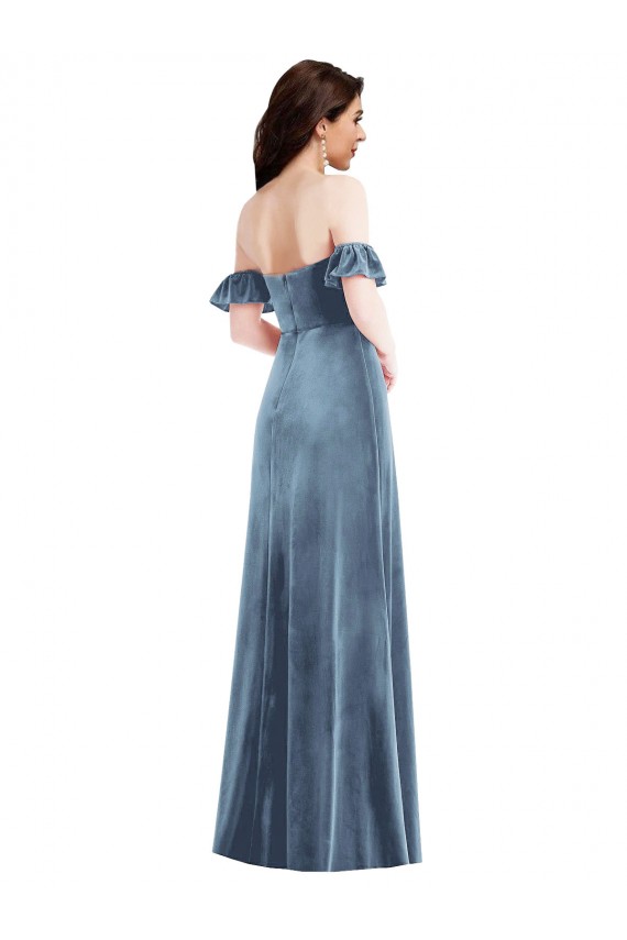 Long Dusty Blue Ruffle Sleeves A-Line Low Back Formal Dress / Bridesmaid Dress Vancouver