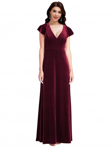 Long Burgundy Flutter Sleeves A-Line Semi Formal Evening Dress / Prom Dress / Bridesmaid Dress Vancouver