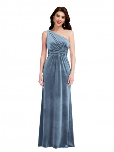 Long Dusty Blue Sleeveless A-Line Stretch Velvet Bridesmaid Dress / Evening Dress Vancouver