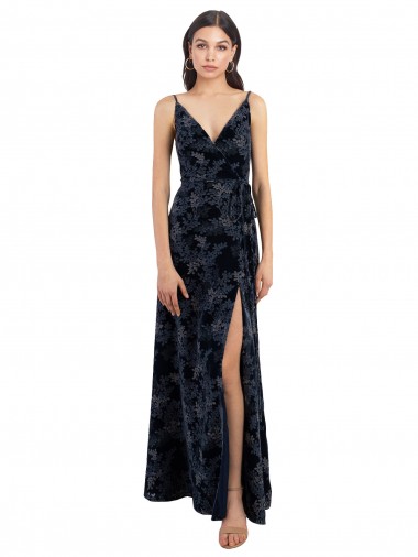 Long Dark Navy Sleeveless A-Line V-Back Floral Velvet & Stretch Velvet Bridesmaid Dress Vancouver