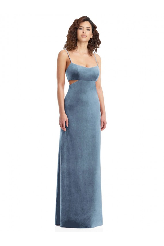Long Dusty Blue Sleeveless Sheath Low Back Formal Evening Gown / Prom Dress / Bridesmaid Dress Vancouver
